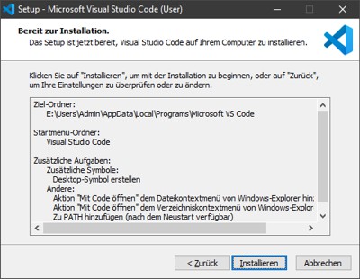 Visual Studio Code Zusammenfassung der Installationsvorgaben